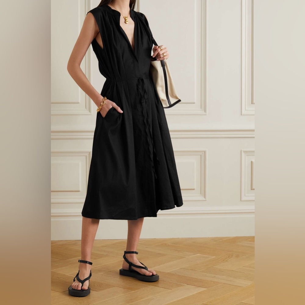 Vince Black Midi Dress with Tie Waist - Linen - size XS